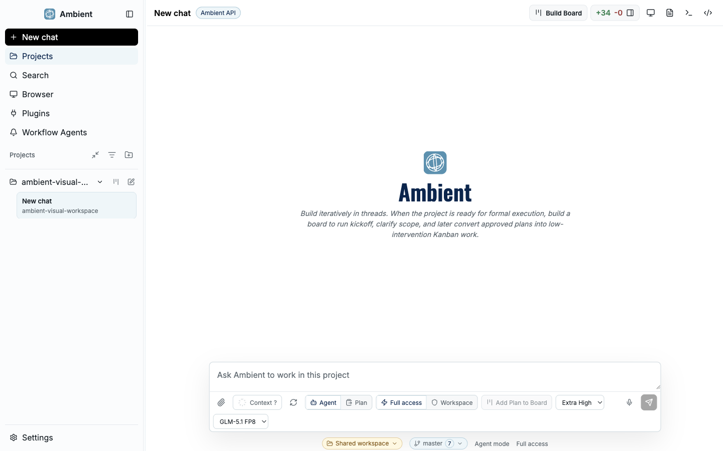 Ambient Desktop main window: chat, sidebar, and workspace.